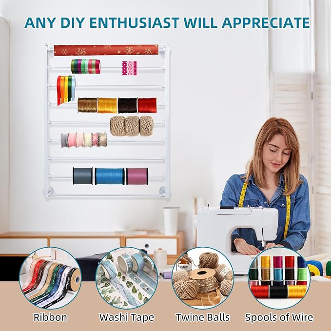 Xbsyhx 9 Tier Wall Mount Ribbon Organizer, Craft Room Storage Rack | Wrapping Paper Storage for Sewing Craft Mesh Thread Tape Wreath Crochet Craft Room Flower Shop(White) - Image 3