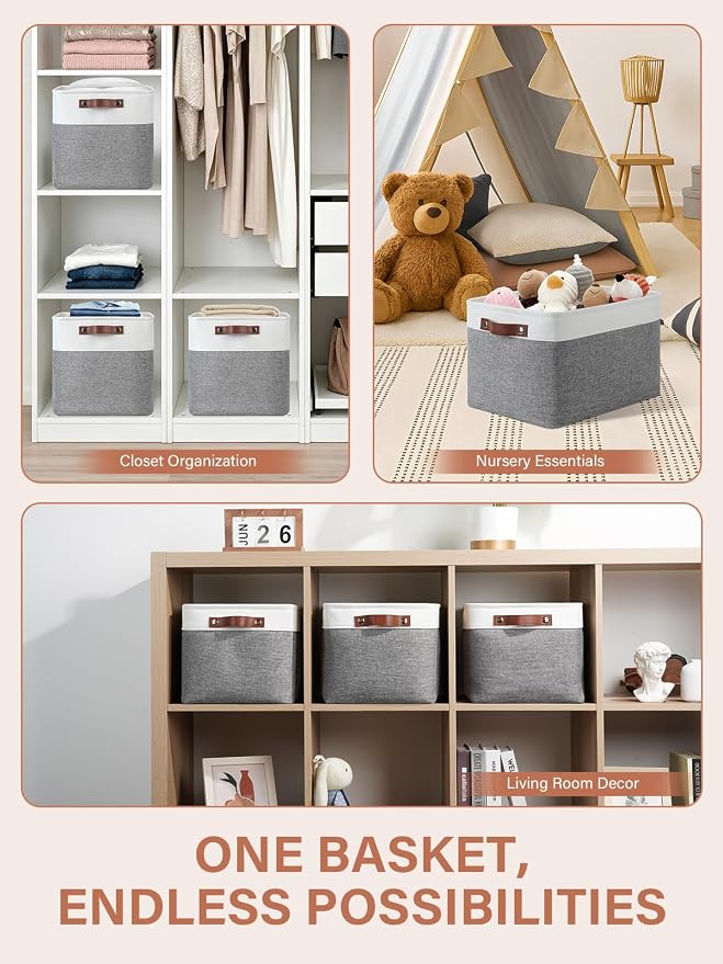 DULLEMELO Fabric Baskets for Storage, Office, Home,Nursery,Organizing Baskets for Shelves, Bedroom, Toys,Gift,Fabric Storage Basket with Handles(White&Grey,L-15"x11"x9.5",4-Pack) - Image 6