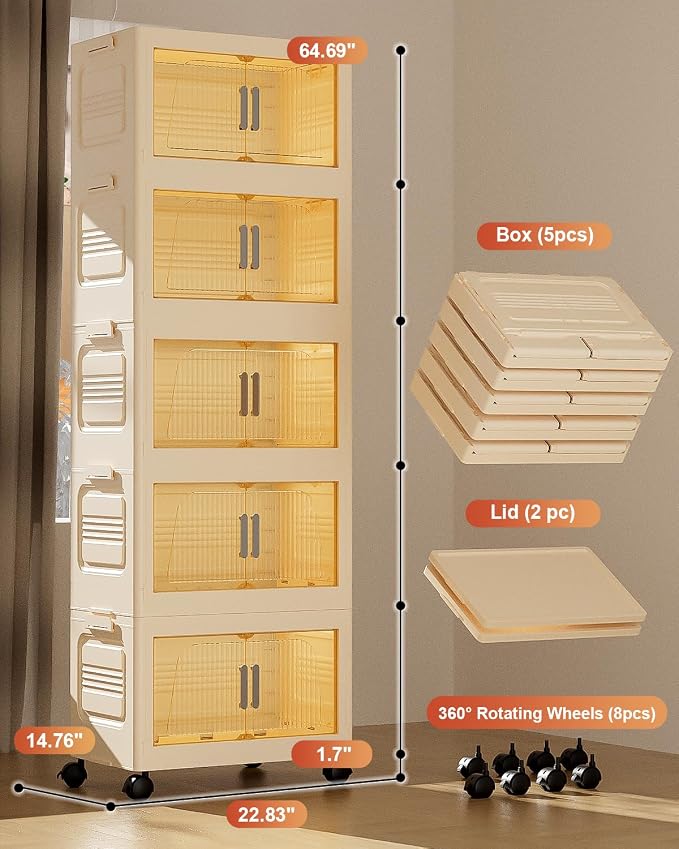 380QT Stackable Storage Bins with Lids 5 Pack, 95Gal Storage Containers with Smooth-Rolling Wheels, Plastic Closet Organizers and Storage, Collapsible Storage Bins for Home, Office and Dorm - Image 6