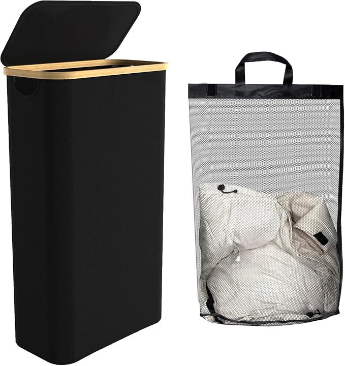 Slim Laundry Hamper with Lid, 60L Laundry Basket with Handles, Skinny Narrow Collapsible Dirty Clothes Hamper with Removable Laundry Bag for Bathroom Bedroom Dorm Clothes Toys Towels (Black 1) by Homiviv
