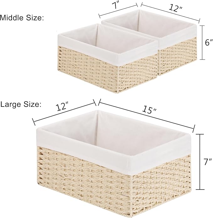 Wicker Basket, Set of 3 Hand-woven Storage Baskets for Organizing, Decorative Bathroom Wicker Storage Basket Bins with Handles, Small Toilet Paper Storage Baskets for Shelves & Decor, Beige - Image 3