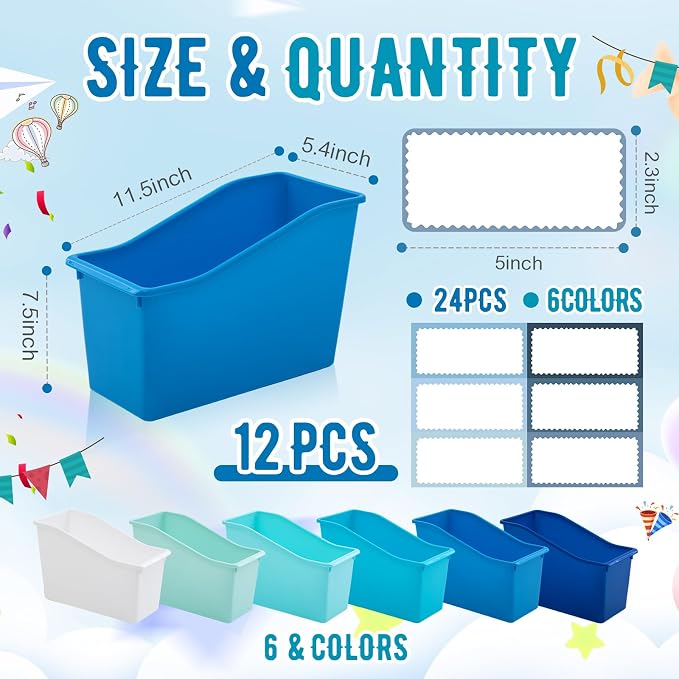 Geetery 12 Pcs Book Bin for Classroom with Labels Stackable Plastic Organizing Bins 11.5 x 5.4 x 7.5 in Book Holders Storage Bins Box Baskets for Classroom Library Home (Blue Color Scheme) - Image 2