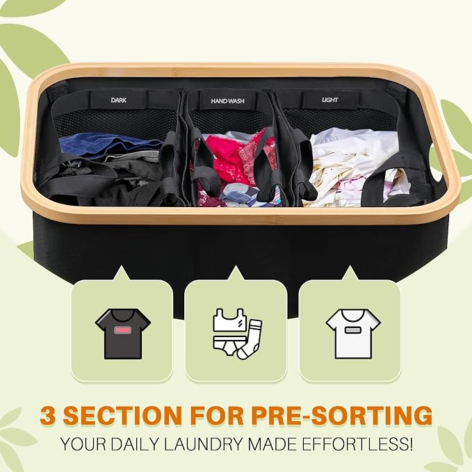 145L Laundry Hamper with Lid, 3 Section Laundry Basket with 3 Removable Bag | Clothes Hampers for Laundry with Bamboo Frame Handle, Large Dirty Clothes Hamper for Laundry Room, Bathroom, Bedroom, Black - Image 3