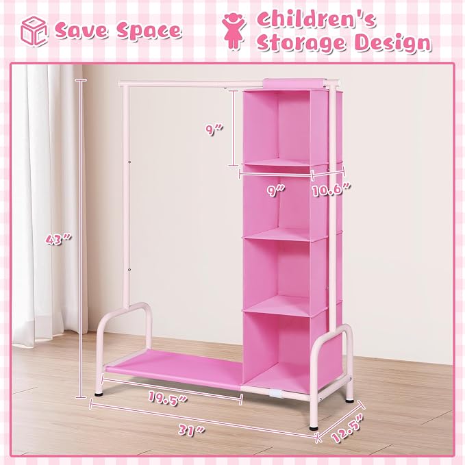 Univivi Kids Clothing Rack with Hanging Organizer, 43 Inch Tall, Pink | Toddler Dress Up Storage with Bottom Shelf, Sturdy Metal Baby Clothes Rack, Dress Up Closet for Nursery, Playroom, Bedroom - Image 3