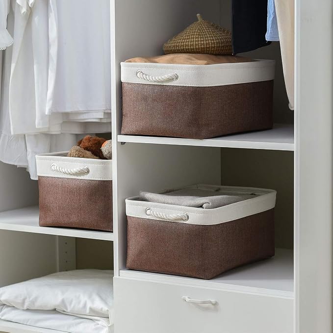 Large Storage Baskets for Shelves, Fabric Baskets for Organizing, Collapsible Storage Bins for Closet, Nursery, Clothes, Home & Office [3-Pack, White&Brown] - Image 6