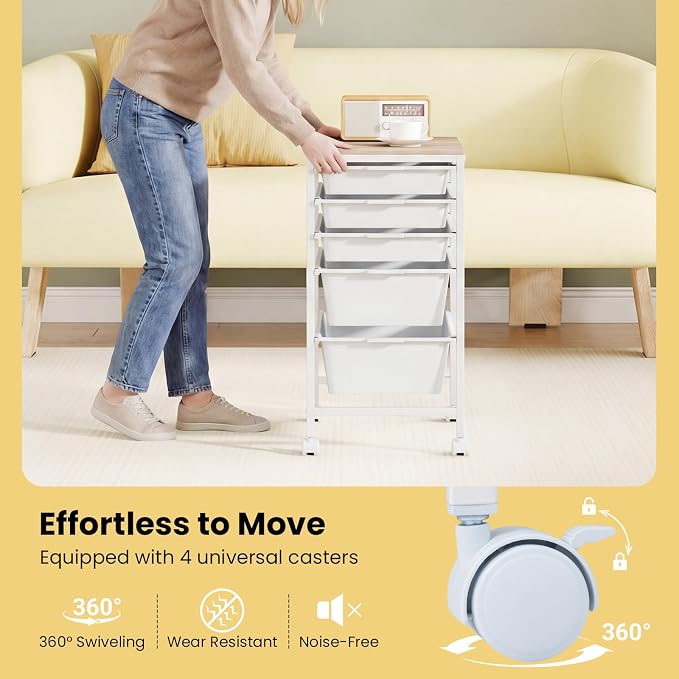 Rolling Storage Cart with 5 Drawers, Plastic Craft Organizer on Wheels with Wooden Top, Mobile Art Supply Utility Cart for Classroom, Home, Office - Image 6