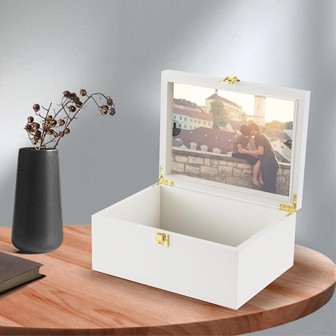 Larger Wooden Memory Keepsake Boxes With Hinged Lids and a photo frame inside the lid - Decorative Storage Box With a Hinge Lids For Picture Letter Time Capsule - 5.3“*8.6”*11.7“ off-white - Image 7