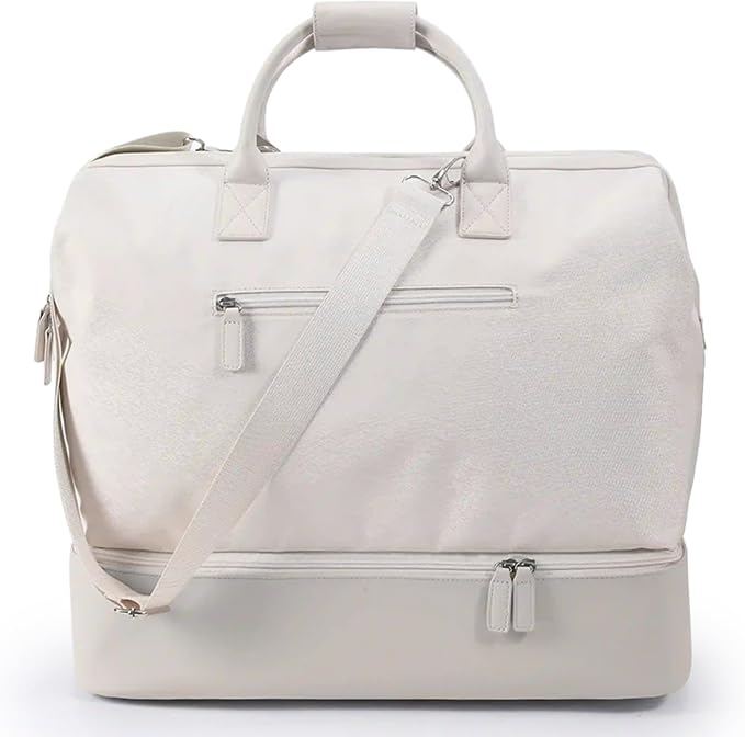 Nobl Travel Weekender Bag for Women & Men, Large Carry-On Duffel, Beige | Leather Overnight Tote with Trolley Sleeve, Separate Shoe Compartment & Laptop Pocket for Airplane, Gym & Road Trips by NOBL
