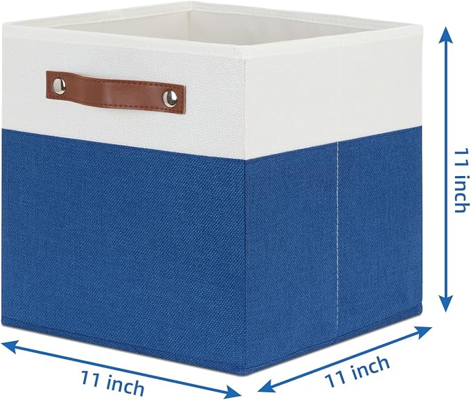Temary 11 Storage Cube Bins for Shelves, Closet - 4 Pack Fabric Baskets With Leather Handles (White & Blue) - Image 2