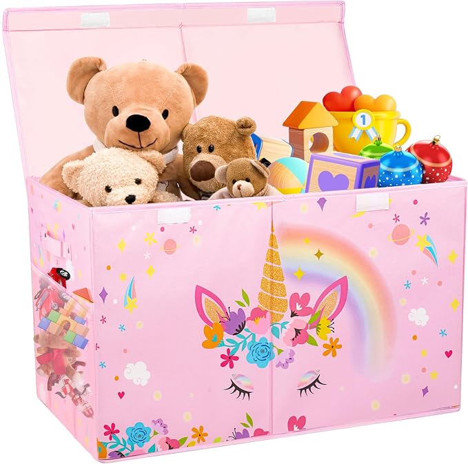 Large Toy Box, Sturdy Kids Storage Organizer for Boys Girls, 25"x13"x16" | Collapsible Storage Box with Lids, Toy Chest Bins Basket for Living Room, Playroom, Nursery, Pink by Mabahoo