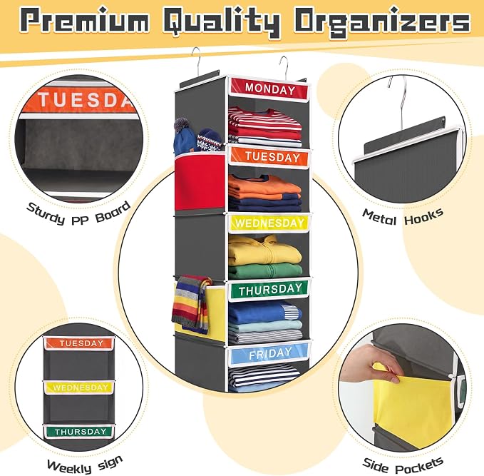 2 Pcs 7 Shelf Weekly Clothes Organizer for Kids Hanging Closet Organizer 11. 8 x 11. 8 x 50 Inch Daily Activity Kids Clothes Storage Drawers Cube Drawers Closet Hanging Shelves (Grey) - Image 3