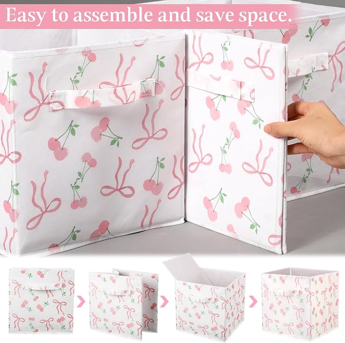6 Pcs Pink Bow Cherry Cube Storage Bins 11 Inch Storage Basket with Handle, Preppy Girls Organizer Basket, Collapsible Fabric Box for Classroom Bedrooms Office Home Decoration Gift - Image 3