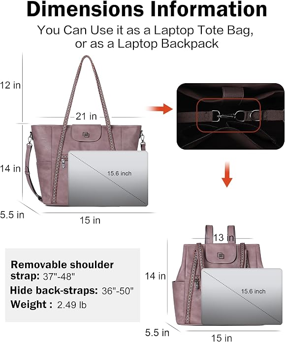 Large Laptop Tote Bag for Women Designer Leather Laptop Bag, 15.6in | Fashion Travel Backpack Purse Shoulder Handbag Fits 15.6 Laptop, Daily, Work, Business Trip, Weekend Travel, Teacher - Image 4