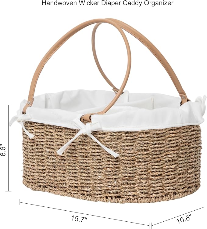 Seagrass Wicker Diaper Caddy,Woven Baby Organizer for Nursery | Woven diaper caddy with PU Handles& Detachable Lining for Newborn Bath, clothes,Cute Registry Must Have for Baby Gifts - Image 6