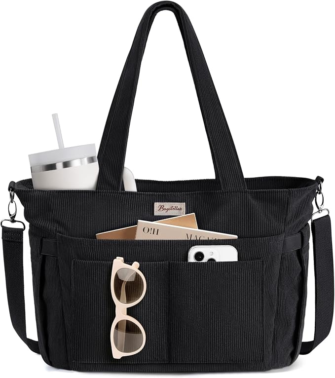 Bagstellar Corduroy Tote Bag for Women, 17 Pockets Laptop Work Tote Purse | Large 15.6” Computer Bag w/ 40oz Cup Holder & Strap, Zipper Teacher Nurse Bible Shoulder Bag for School Travel College Office by Bagstellar
