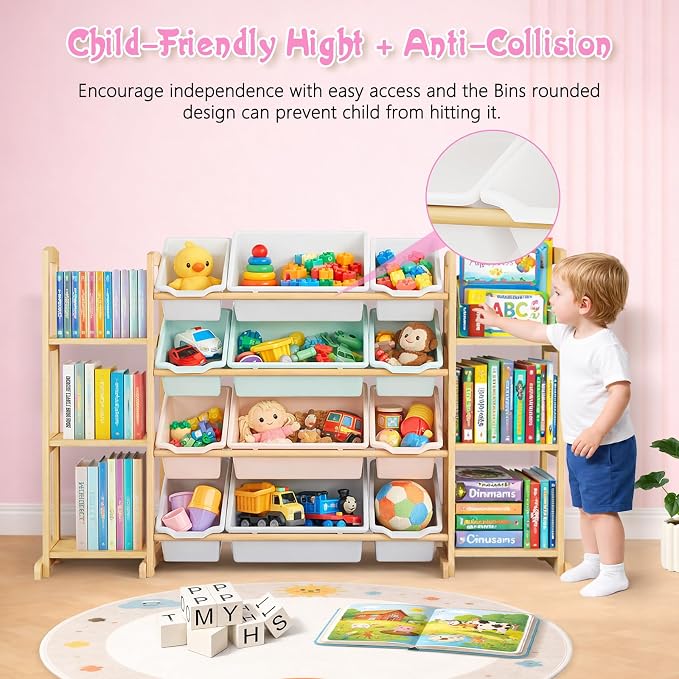 Kids Toy Storage Organizer with Bookshelf – Wooden Shelf with 12 Bins & 6 Shelves, Quick Assembly Storage Rack for Playroom, Bedroom, Nursery – Colorful - Image 4