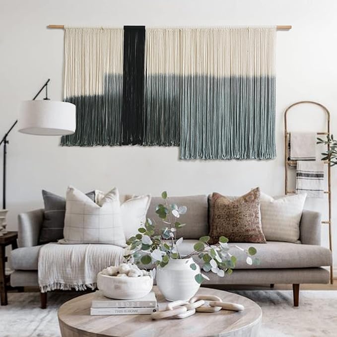 Macrame Wall Hanging Grey Dip Dye Large Boho Fiber Wall Art Decor 57"W*35"L | Neutral Wall Hanging, Handmade Yarn Art, Textured Fiber Decor, for Bedroom Wall Accent, Farmhouse Interior Style - Image 2