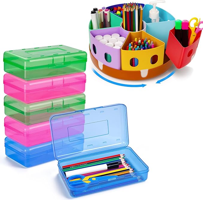 GAMENOTE Assorted Colors Plastic Pencil Case Box 6pcs Rotating Art Supply Organizer Office School Supplies for Kids Desk Organizers by Gamenote