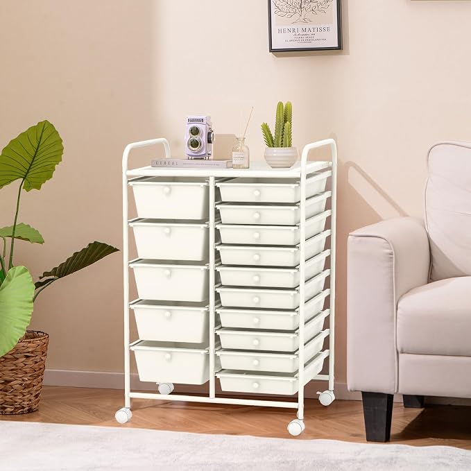 RELAX4LIFE 15-Drawer Storage Drawer Carts - Mobile Rolling Utility Cart w/Wheels, Craft Organizer for Classroom Organization and Storage, School, Office, Home, Storage Organizer Cart (White) - Image 8