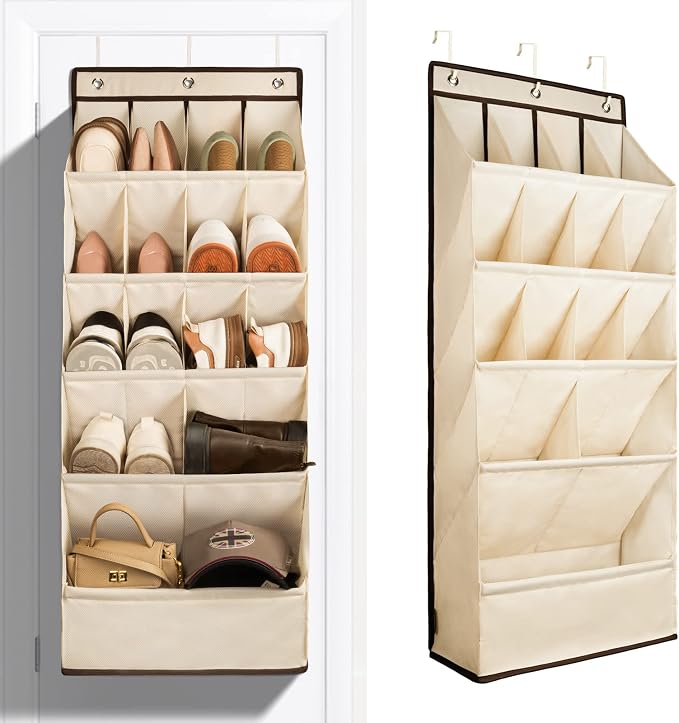 1 Pack Over the Door Shoe Organizers, Hanging Organizers with Large Pockets | with Large Deep Pocket Shoe Holder for Closet Shoes Rack for Wall, Over Door Shoe Storage Hold up to 18 Pairs Shoes, Beige by Fentec