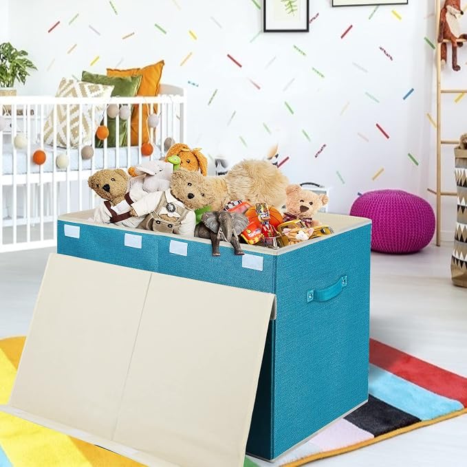 Large Toy Box Chest Storage with Flip-Top Lid, Kids Toy Storage Bin Boxes | Toy Chest with Rivets Handles for Kids, Boys, Girls, Nursery, Playroom, Living Room, Bedroom, 25"x 13" x 16" (Linen Teal) - Image 2