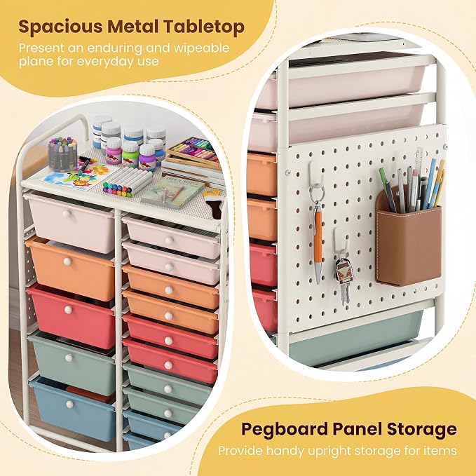 DREAMADE 15-Drawer Rolling Storage Cart, Craft Organizer Cart, Macaron | Mobile Utility Cart with Metal Pegboard Panels, Tabletop and Lockable Wheels for Classroom, Office, Studio and Playroom - Image 5