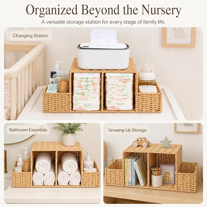 Diaper Caddy Organizer, Baby Changing Table Organizer | Hand Rattan Nursery Storage Basket for Baby Essentials, Perfect Nursery Assistant - Image 6
