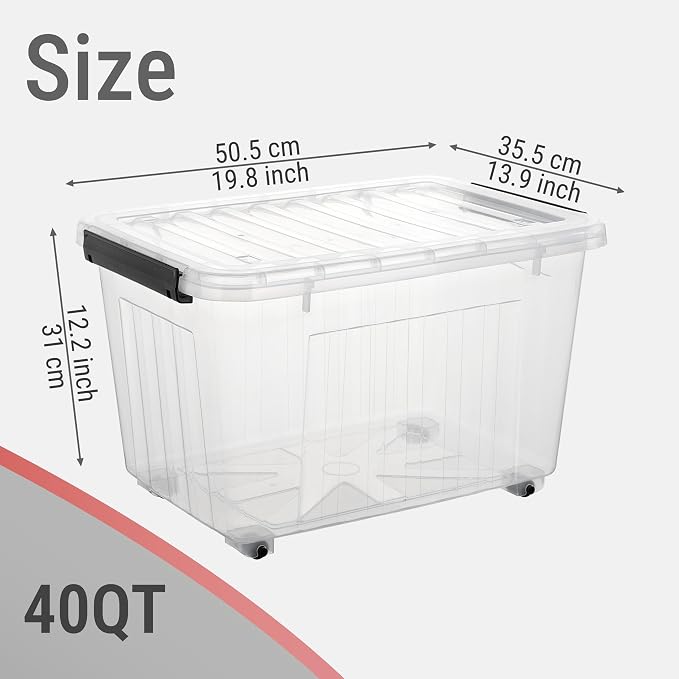 Cetomo Plastic Storage Bins, Lidded Storage Box with Wheels for Home Office Dorm, Wheeled, Stackable, Clear, 40Quart-4 Pack - Image 4