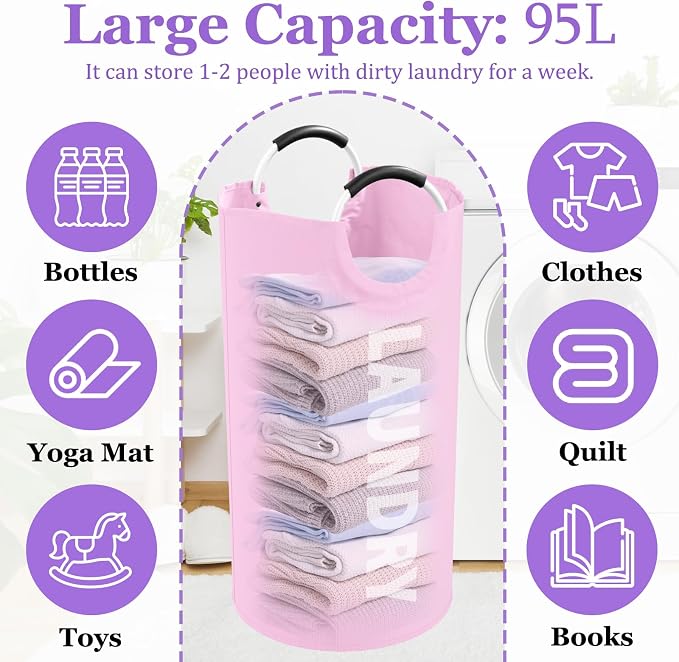 Pink Laundry Basket,Hampers for Laundry with Handle,Foldable Clothes Basket | IHOMAGIC 95L 2PCS Freestanding Nursery Laundry Basket, Water-resistant Storage Bin, Laundry Bag for Student, Family, Pink - Image 2