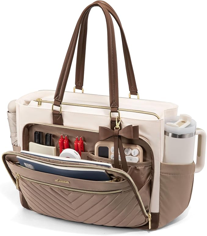 LOVEVOOK 17 Inch Laptop Tote Bag for Women, Diaper Bag for Travel, Teacher Work Bag with Large Cup Holder, Business Travel Ready Teacher Gift Tote for Nurse, Khaki-beige-Coffee by LOVEVOOK