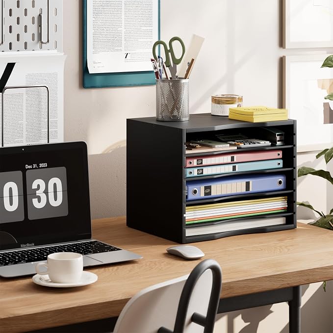 Bamjoy Wood 5 Tier Desktop Organizer, Paper Organizer Mail Sorter, File Holder Letter Document Storage with Adjustable Shelves for School Home Office, Black - Image 3