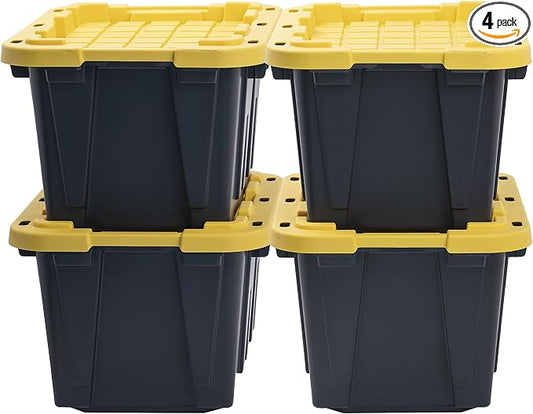 CX Heavy Duty 12-Gallon Stackable Plastic Storage Bins with Lids, 4 Pack | Storage totes for garage organization, Stackable containers, weather-resistant, snap lid, 12.5H x 16.3W x 21.8D, Black/Yellow by BLACKYELLOW