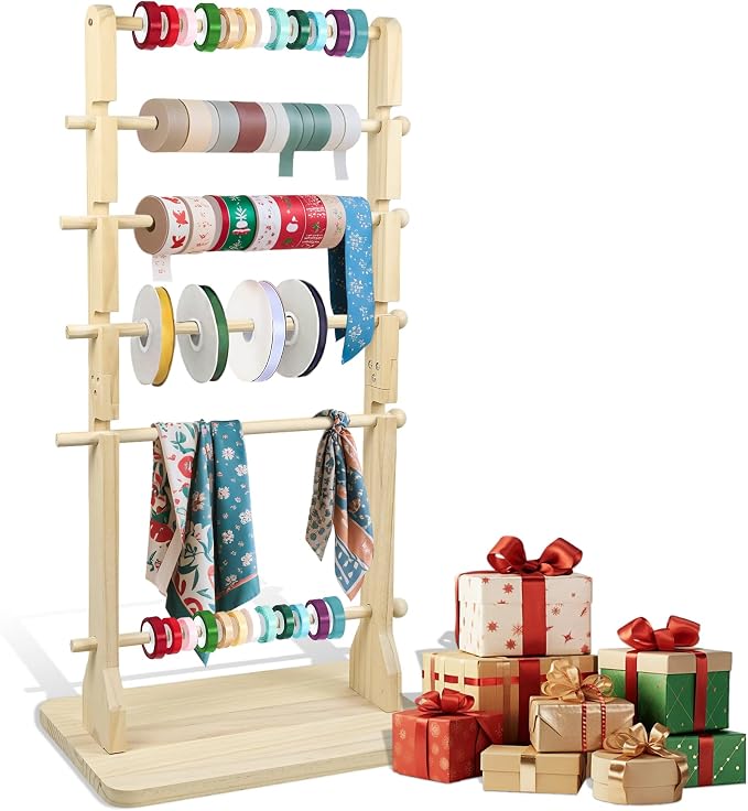 6 Tier Large Capacity Solid Wood Ribbon Storage Rack, Multi-Spacing Ribbon Spool Holder Organizer, Removable Ribbons Display Shelf Craft Storage for Flower Store, Wrapping, Craft Room, Cake Shop by Elasign