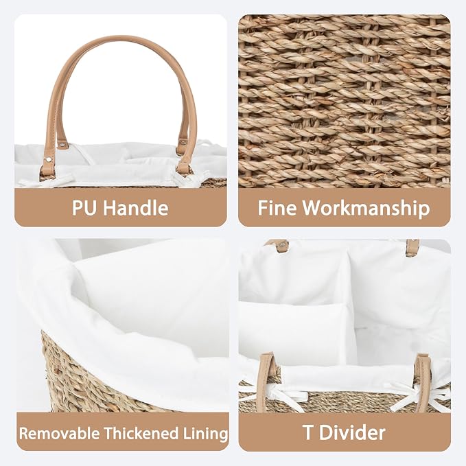 Seagrass Wicker Diaper Caddy,Woven Baby Organizer for Nursery | Woven diaper caddy with PU Handles& Detachable Lining for Newborn Bath, clothes,Cute Registry Must Have for Baby Gifts - Image 5
