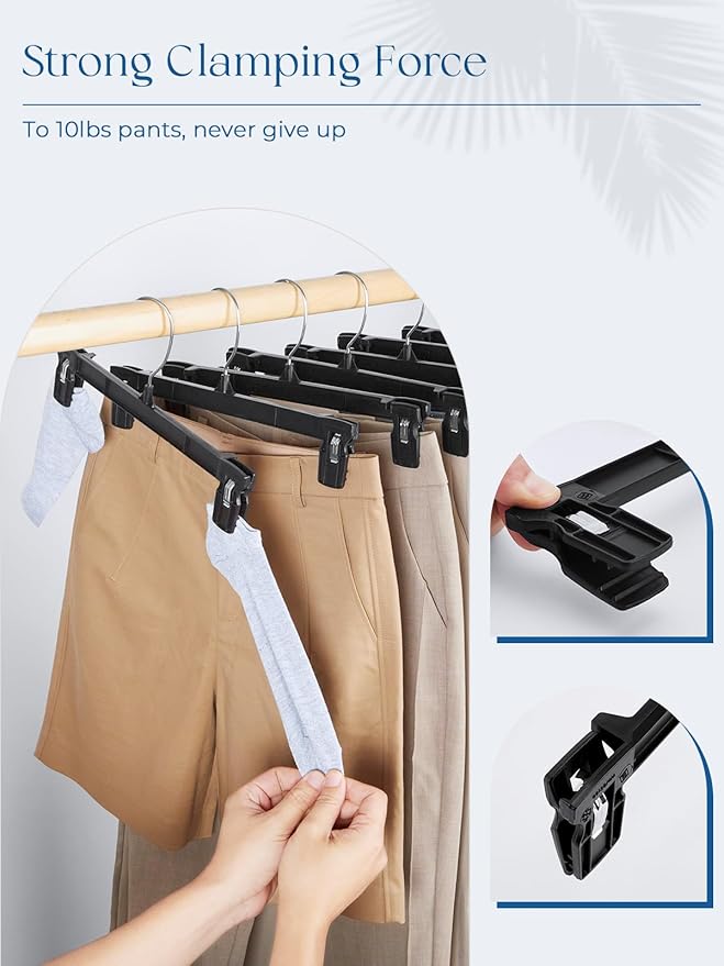 Smartor Black Pants Hangers 180 Pack, Skirt Hangers with Clips, 10 Inch | Non-Slip Clips, 360° Swivel Hooks; Compact Plastic Clip Hangers for Dorms, Small Closets and Folded Pants - Image 3