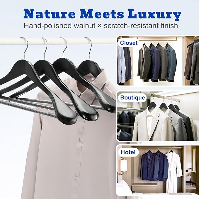 HOUSE DAY Wide Shoulder Wooden Hangers 12 Pack, Wood Suit Hangers for Men with Non Slip Pants Bar, Smooth Finish Solid Wood Coat Hangers for Jacket, Pants, Dress, Heavy Clothes Hangers (Black) - Image 7