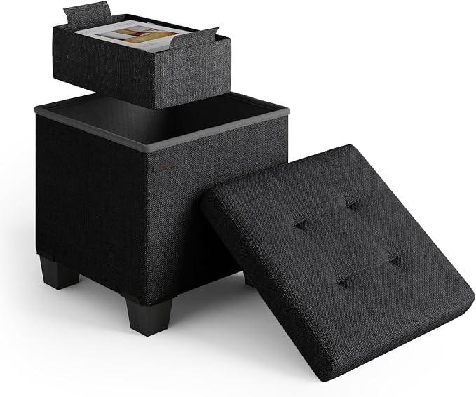 Storage Ottoman Cube with Small Bin, 15-in Square Ottoman with Storage for Living Room and Bedroom, Small Ottomans Foot Rest, Fabric Foot Stools Ottomans Max 330lbs, Black by STORAGEBUD