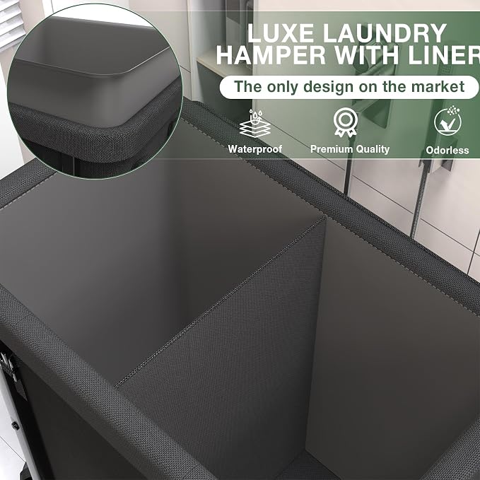 Laundry Basket with Lid,190L Rolling Laundry Hamper with Wheels,Black | Dirty Clothes Hamper with Metal Frame and Removable Bag Design,Suitable for Laundry Room, Bedroom(2 Section) - Image 3