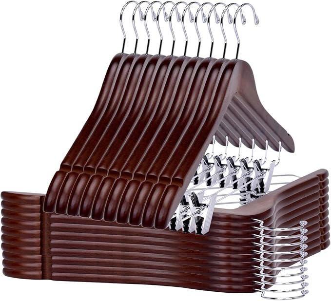 Quality Wooden Skirt Hangers with Clips Smooth Solid Wood Pants Hangers with Durable Adjustable Metal Clips, Swivel Hook, Coat, Jacket, Blouse Suit Hangers (Walnut - Chrome Hook, 20) by QualityHangers