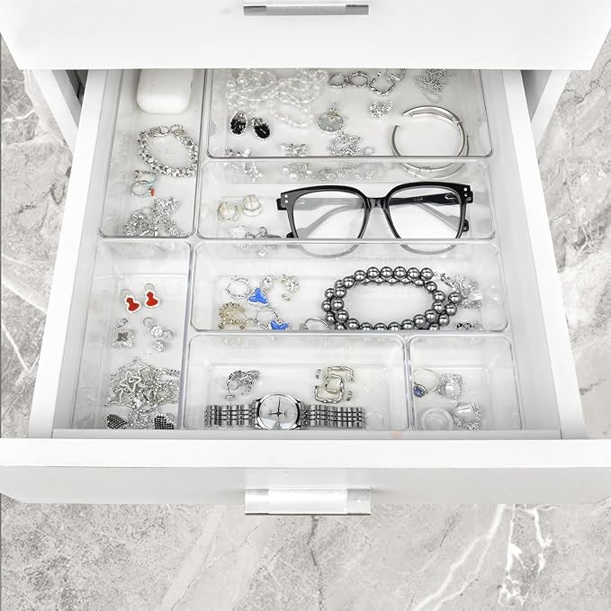 Manalete 65 Pcs Clear Plastic Drawer Organizer, Makeup & Vanity Organizer | 4-Size Versatile Desk Organizer & Storage Bins for Kitchen, Bathroom, Office, Jewelries, Easy Clean, Stackable, BPA-Free - Image 6