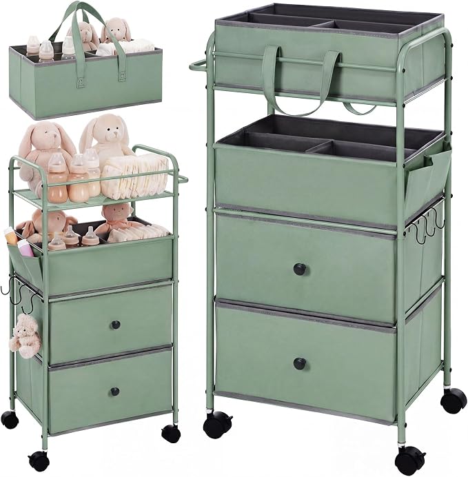 FoldTier 3In1 Baby Diaper Caddy Organizer Cart 4 Tier Large Capacity Metal Utility Bedside Rolling Cart with Divider Newborn Registry Nursery Essential Must Have Bedroom Gift Baby Shower (Green) by FoldTier