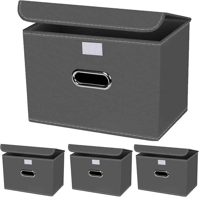 4-Pack Large Collapsible Storage Bins with Lids,Fabric Storage Cubes Organizer for Shelves,Closet,Nursery,Foldable Cube Storage Baskets with Handles,Home Boxes (14.9"x9.8",Grey) by SEVENDOME