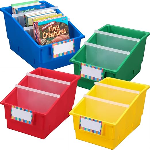 Really Good Stuff Rainbow Chapter Book Classroom Library Bins with Dividers | 8.75" x 13.5" x 7.75", 4-Pack, Large Plastic Bin Organizers for Book Organization, Documents, Files, Magazines by ReallyGoodStuff