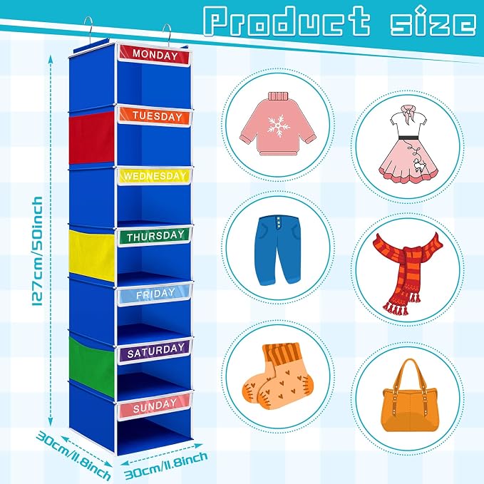2 Pcs 7 Shelf Weekly Clothes Organizer for Kids Hanging Closet Organizer 11. 8 x 11. 8 x 50 Inches Daily Activity Kids Clothes Storage Drawers Cube Drawers Closet Hanging Shelves(Blue) - Image 2
