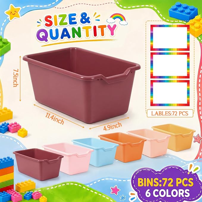 Funrous 72 Pack Plastic Cubby Bins for Classroom, Stackable Storage Bins with Rainbow Labels and Handles Cubby Organizer Containers for Teacher Supplies Home Office Daycare and Playroom (Orange) - Image 2