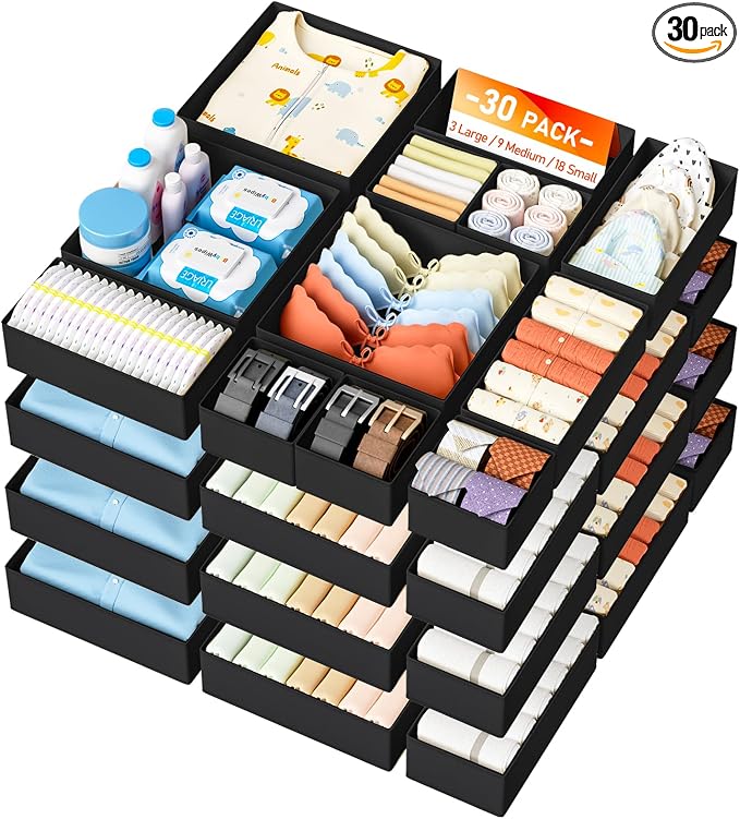 DIMJ Drawer Organizer Clothes - 30 Pack Baby Dresser Organizer for Nursery Closet Organization, Fabric Drawer Organizer Bins for Underwears Socks Bras, Foldable Storage Dividers for Bedroom by DiMJ