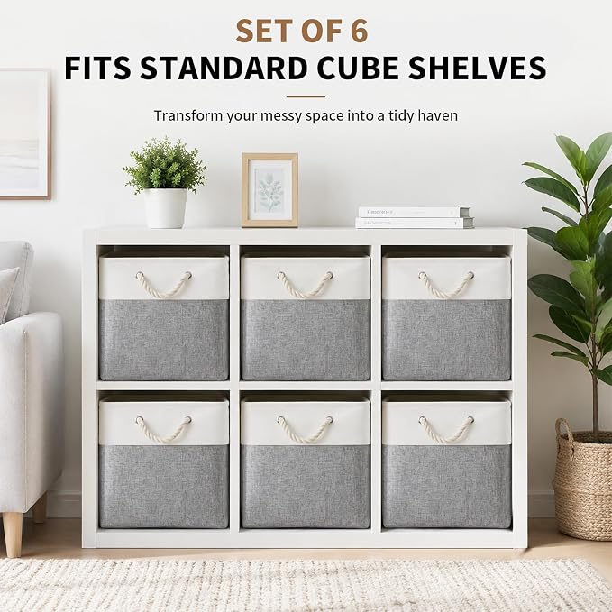 13×15×13 Inch Foldable Fabric Storage Basket with Handles | Large Storage Basket,6 Pack Storage Cubes,Home Organisation Solutions,Closet Storage (White&Gray) - Image 8