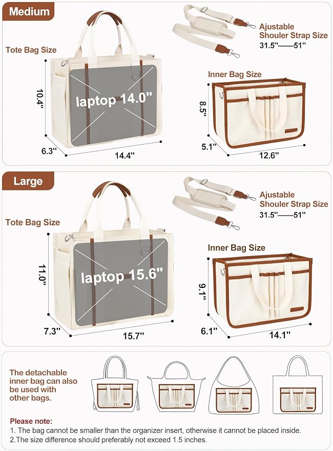 BESBESME Women’s Canvas Tote Bag with Zipper and Compartments – Multi-Pocket Laptop Work Crossbody Shoulder Tote Purse - Image 4