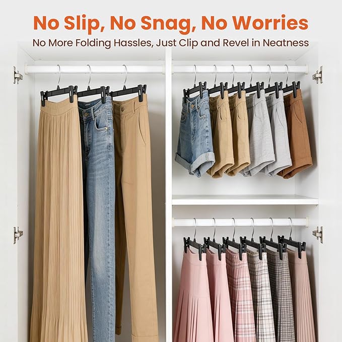 HOUSE DAY Black Pants Hangers with Clips 25 Pack, 12 Inch Skirt Hangers | Non-slip clips hold trousers, skirts, shorts and jeans; 360° swivel hook allows easy access for everyday adult wardrobes - Image 6