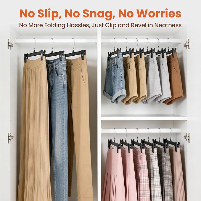 HOUSE DAY Black Pants Hangers with Clips 50 Pack, 12 Inch Skirt Hangers | Non-slip clips hold trousers, skirts, shorts and jeans; 360° swivel hook allows easy access for everyday adult wardrobes - Image 6